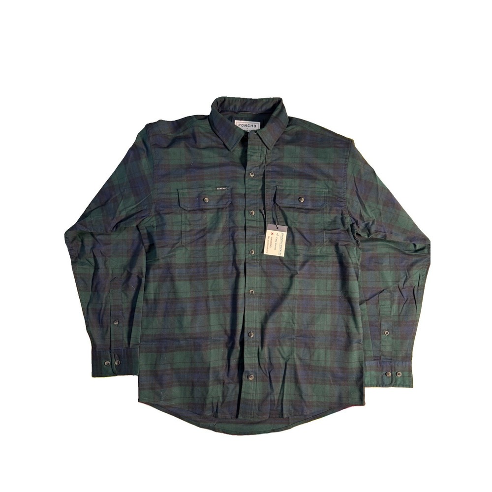 Poncho Mens The Cascade Flannel Medium Regular Fit Shirt Green Blue Plaid NWT